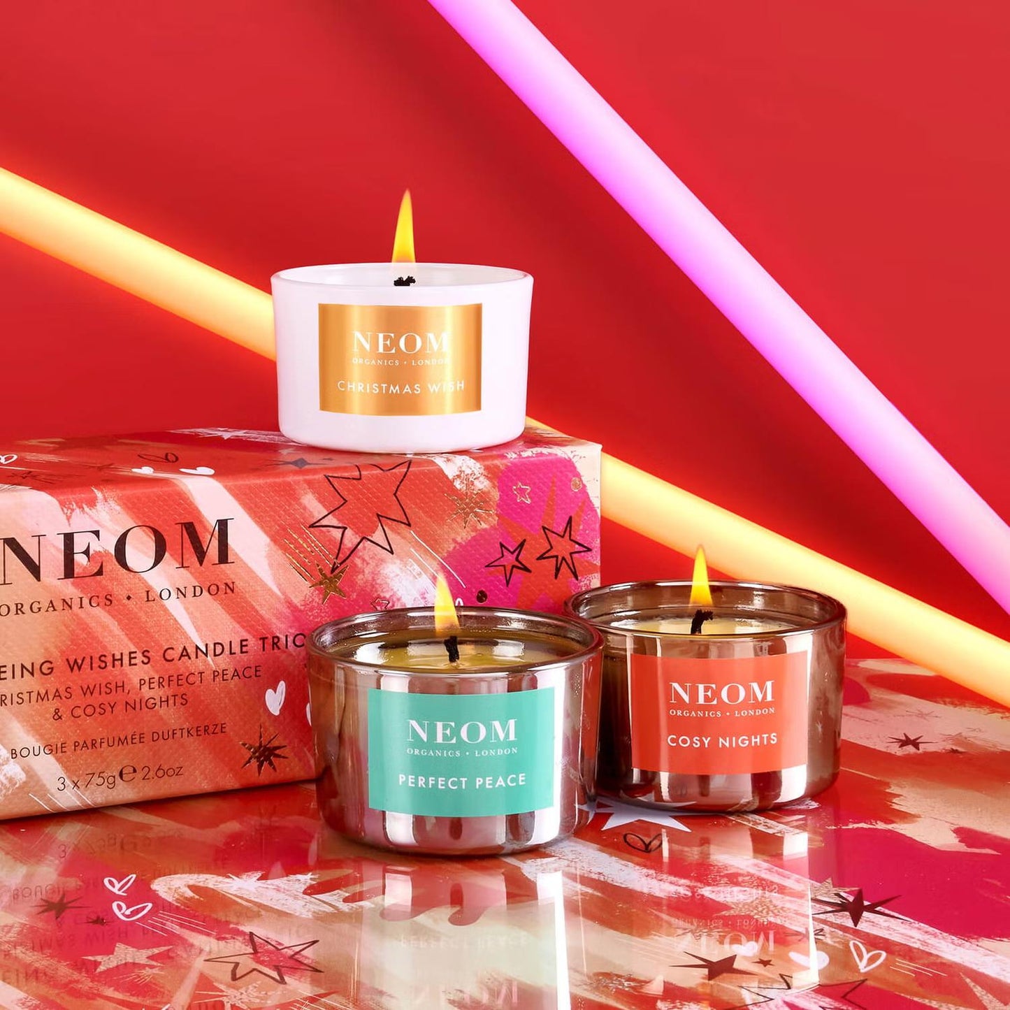 Neom Wellbeing Wishes Candle Trio 75g - Present/Gift, Natural Fragrance, Perfect Peace, Cosy Nights - Decor, Perfume