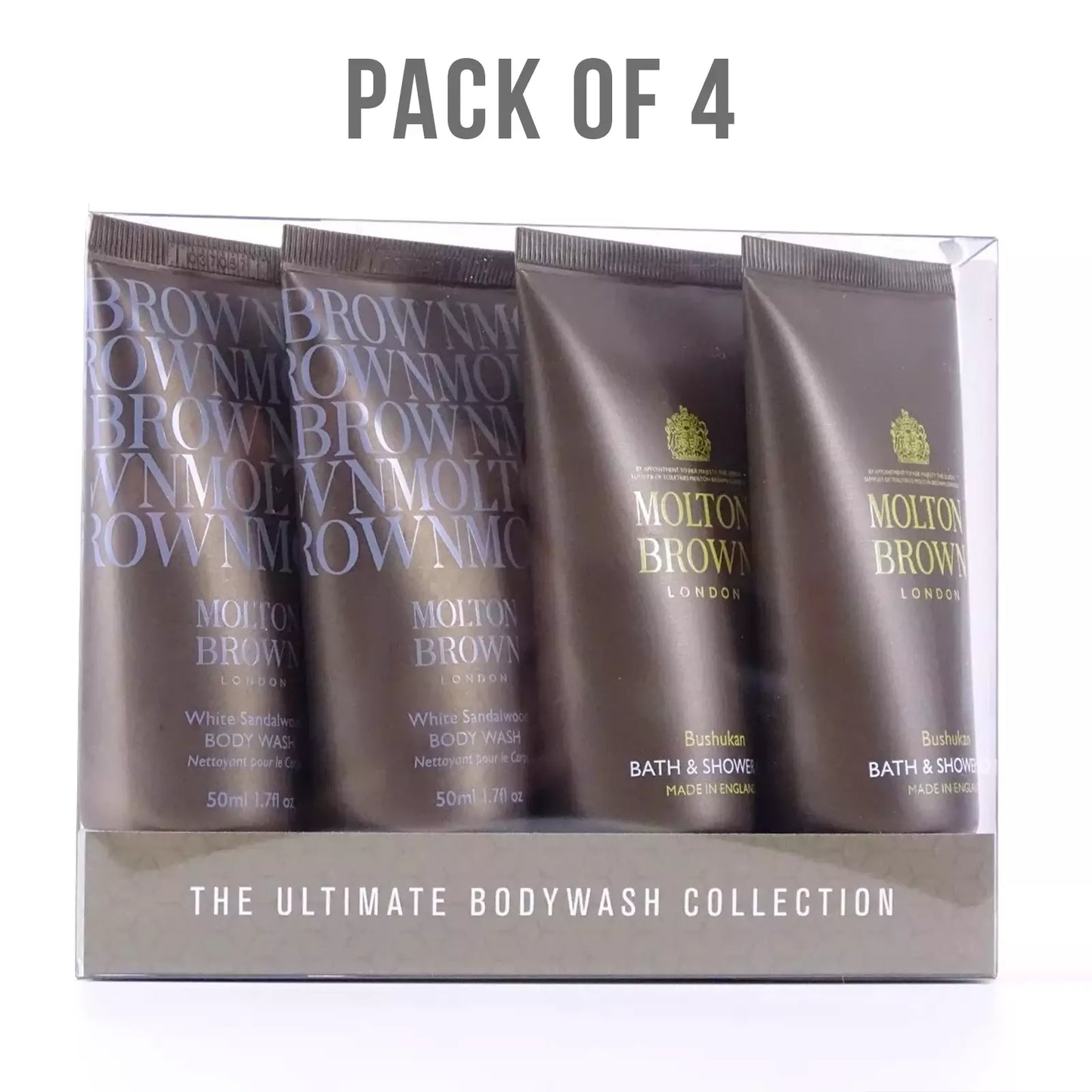 4x50ml Molton Brown Bushukan Bath, Shower Gel & White Sandalwood Body Wash Pack
