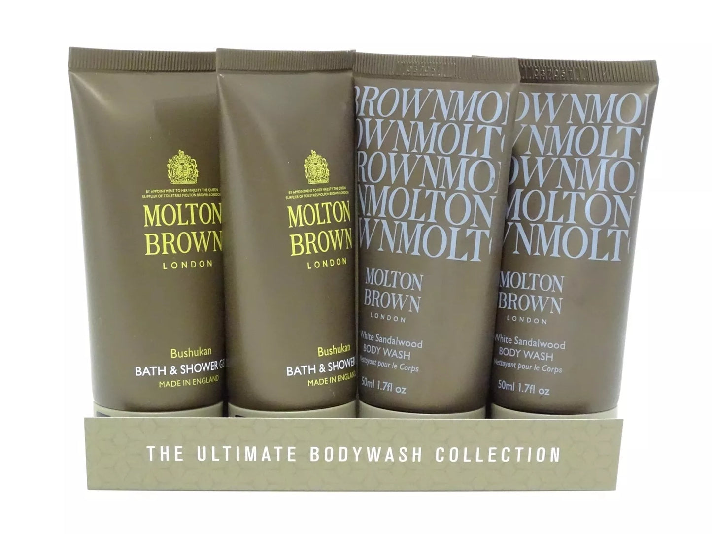 4x50ml Molton Brown Bushukan Bath, Shower Gel & White Sandalwood Body Wash Pack