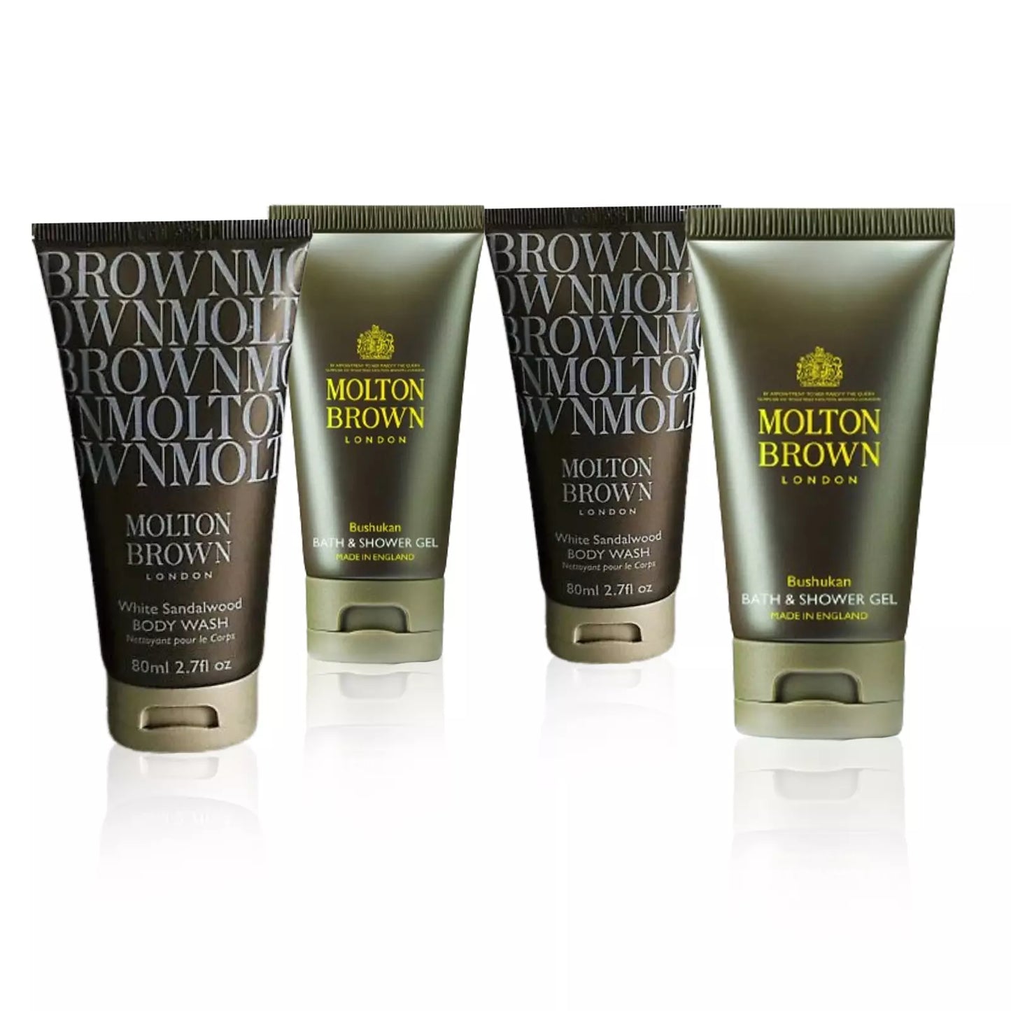4x50ml Molton Brown Bushukan Bath, Shower Gel & White Sandalwood Body Wash Pack