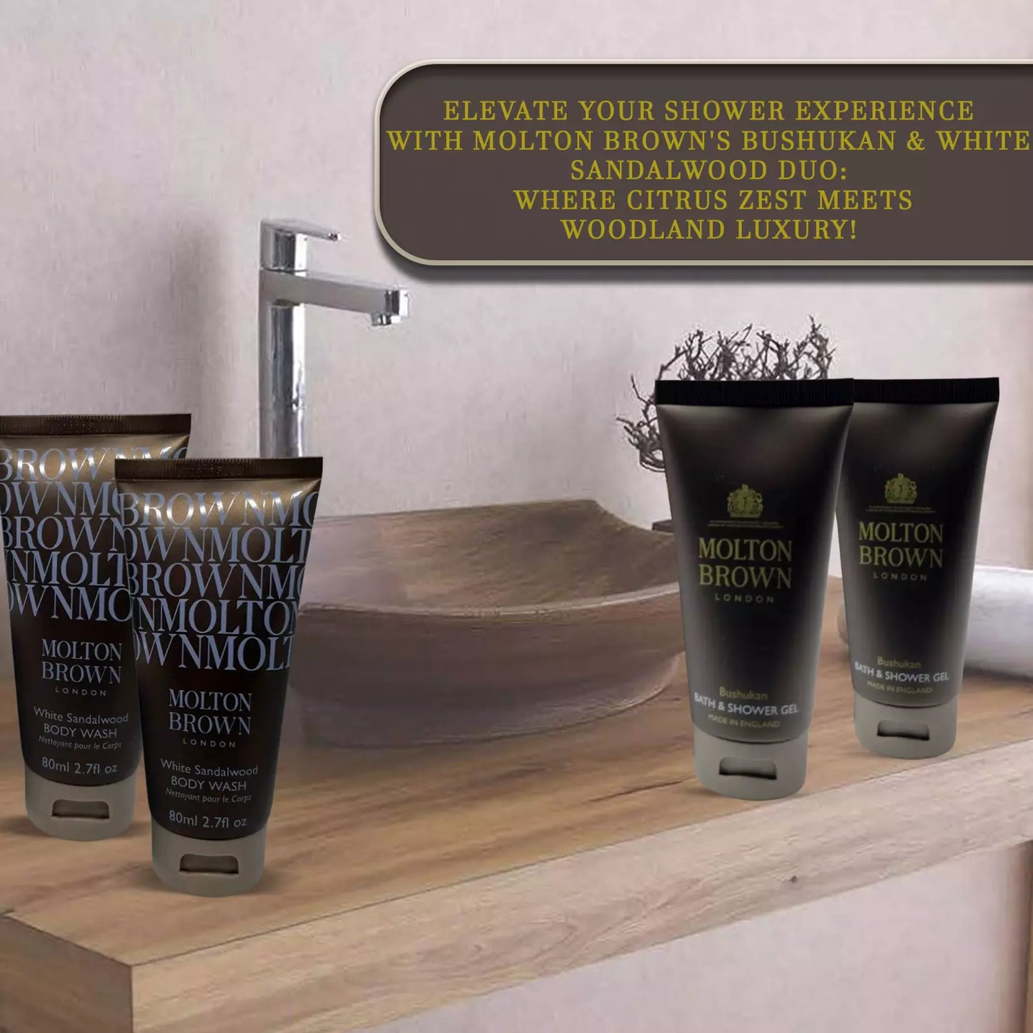 4x50ml Molton Brown Bushukan Bath, Shower Gel & White Sandalwood Body Wash Pack