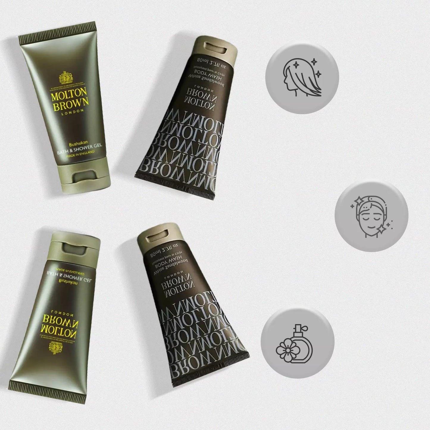 4x50ml Molton Brown Bushukan Bath, Shower Gel & White Sandalwood Body Wash Pack