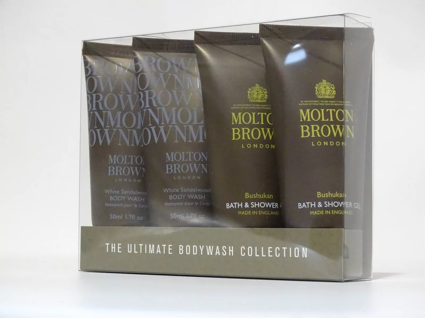 4x50ml Molton Brown Bushukan Bath, Shower Gel & White Sandalwood Body Wash Pack