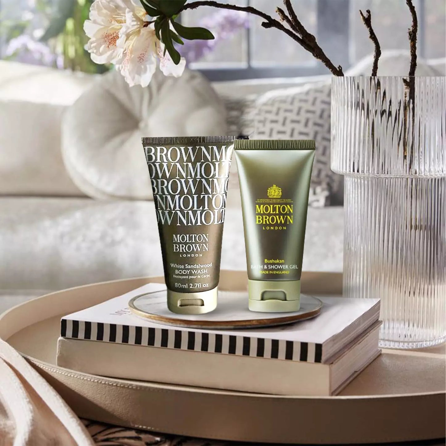 4x50ml Molton Brown Bushukan Bath, Shower Gel & White Sandalwood Body Wash Pack