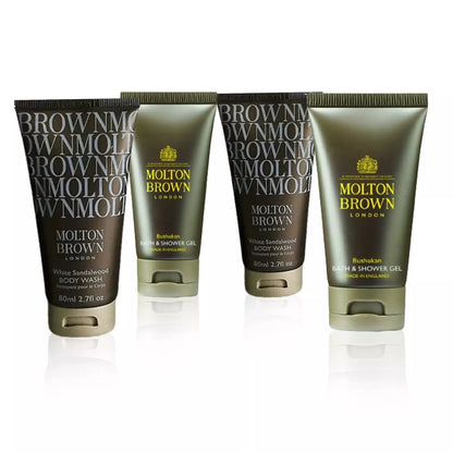 4x50ml Molton Brown Bushukan Bath, Shower Gel & White Sandalwood Body Wash Pack