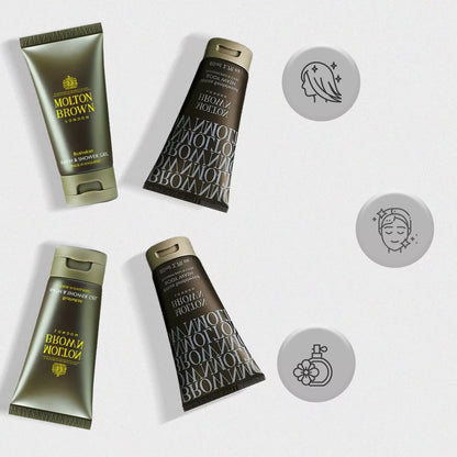4x50ml Molton Brown Bushukan Bath, Shower Gel & White Sandalwood Body Wash Pack